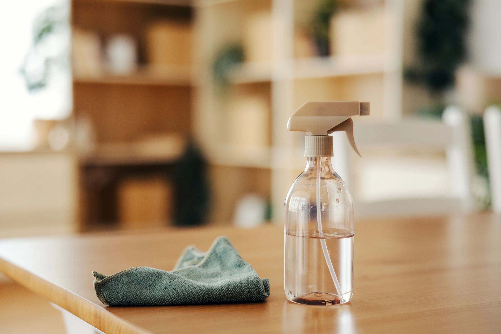Refillable spray bottle and microfiber cloth on a table